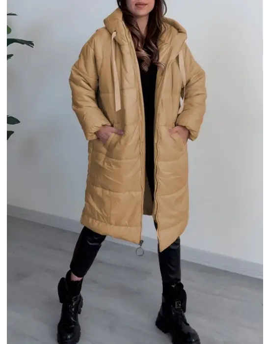 Omarı Şık Kapşonlu İnce Şişme Mont - Vizon