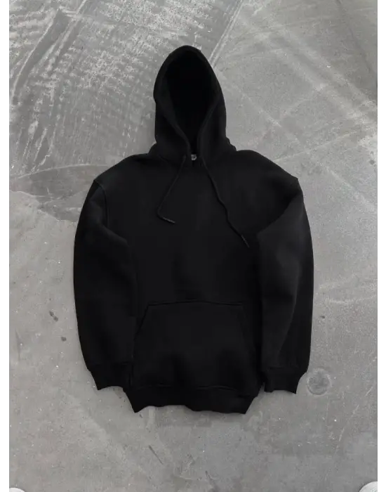 Omarı Kapşonlu Basic Siyah Sweatshirt