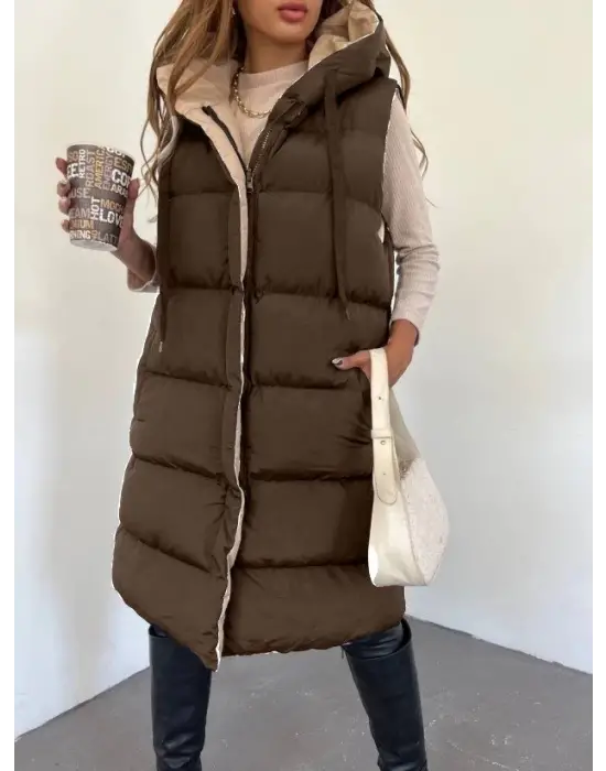 Omarı Şık Kapşonlu Şişme Yelek - Kahve Tonları