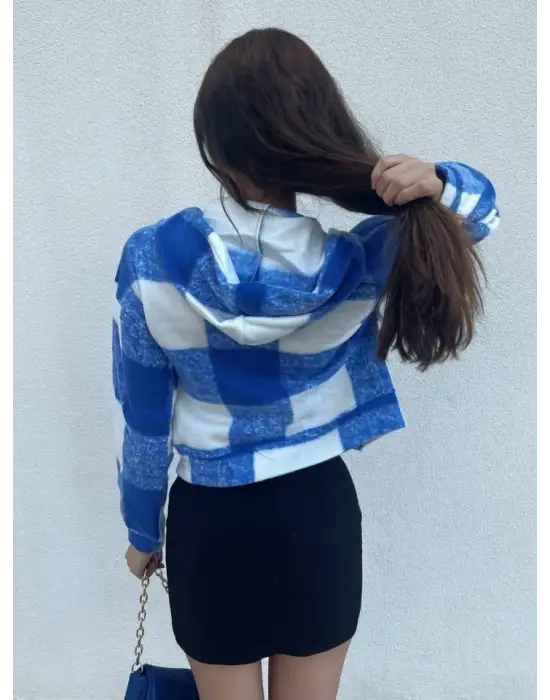 Omarı Yumuşak Dokulu Ekose Desenli Crop Ceket - Mavi