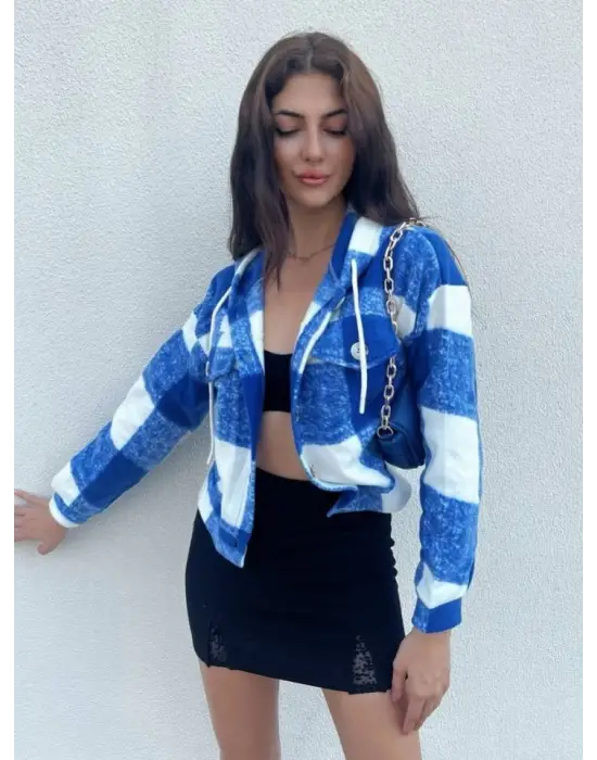 Omarı Yumuşak Dokulu Ekose Desenli Crop Ceket - Mavi