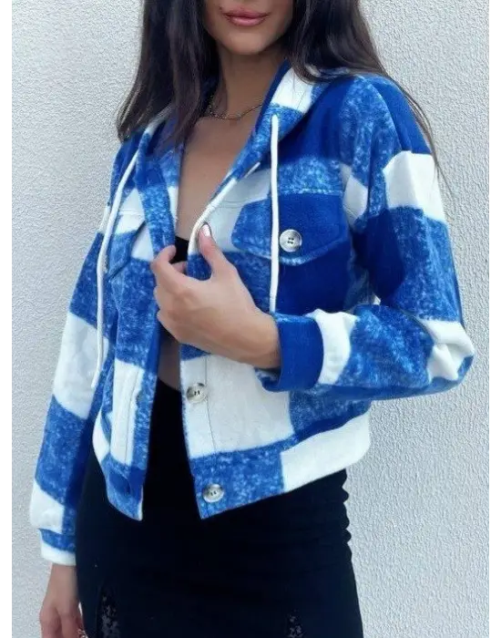 Mavi Kapşonlu Ekose Polar Crop Ceket