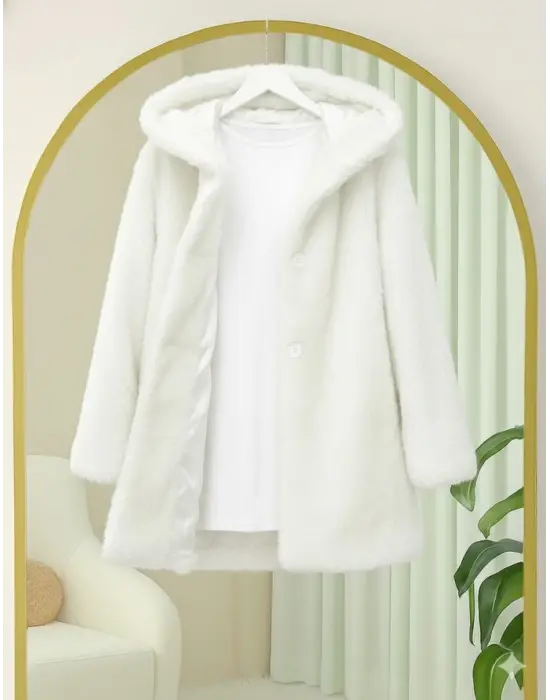 Kapşonlu Önü Düğmeli Astarlı Peluş Kaban  -Beyaz
