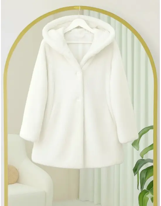 Kapşonlu Önü Düğmeli Astarlı Peluş Kaban  -Beyaz