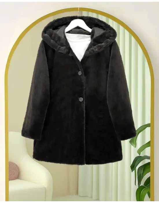 Kapşonlu Önü Düğmeli Astarlı Peluş Kaban  -Siyah