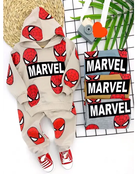 Omarı Örümcek Adam Baskılı Kapşonlu Bebek Takımı