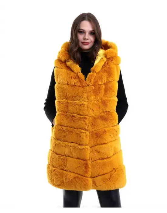 Kapşonlu Peluş Kürk Yelek Premium Kalite, Tam Astarlı, Uzun Model - Sarı
