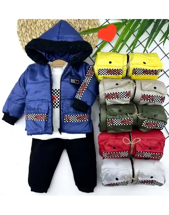 Omarı Kapşonlu Mont Pantolon Sweatli 3lü Bebek Takımı Sarı