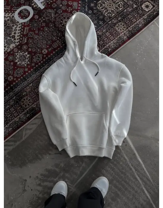 Kapşonlu Üç İplik Penye Basic SweatShirt - Beyaz