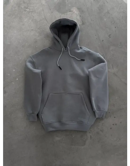 Kapşonlu Üç İplik Penye Basic SweatShirt - Boyalı Gri