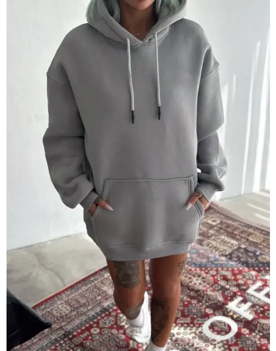 Kapşonlu Üç İplik Penye Basic SweatShirt - Boyalı Gri