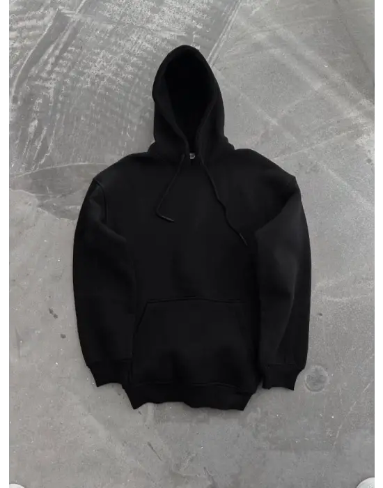 Kapşonlu Üç İplik Penye Basic SweatShirt - Siyah