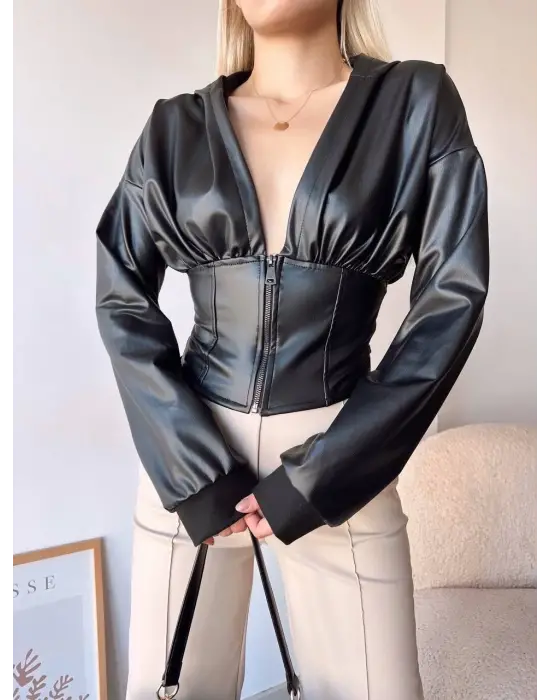 Kapşonlu yarım fermuarlı ceket siyah h24116