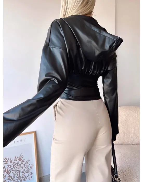 Kapşonlu yarım fermuarlı ceket siyah h24116