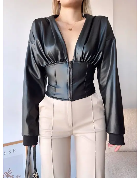 Kapşonlu yarım fermuarlı ceket siyah h24116