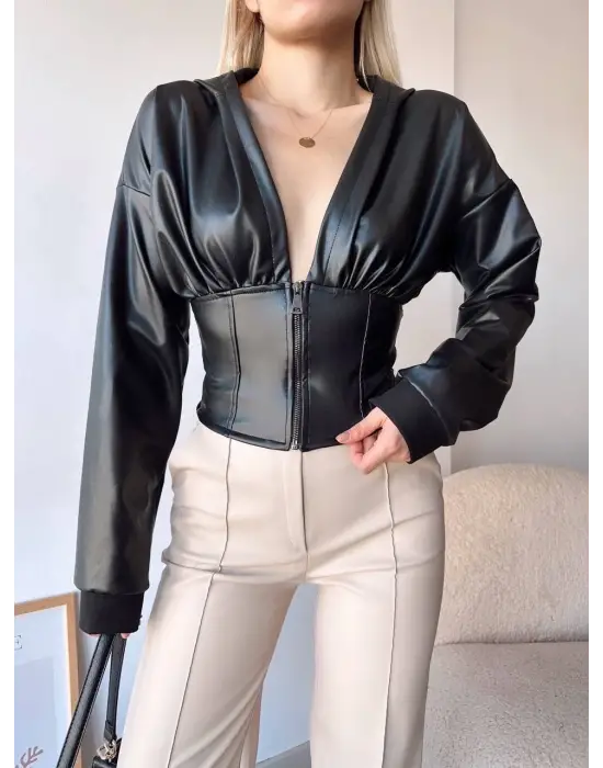 Kapşonlu yarım fermuarlı ceket siyah h24116