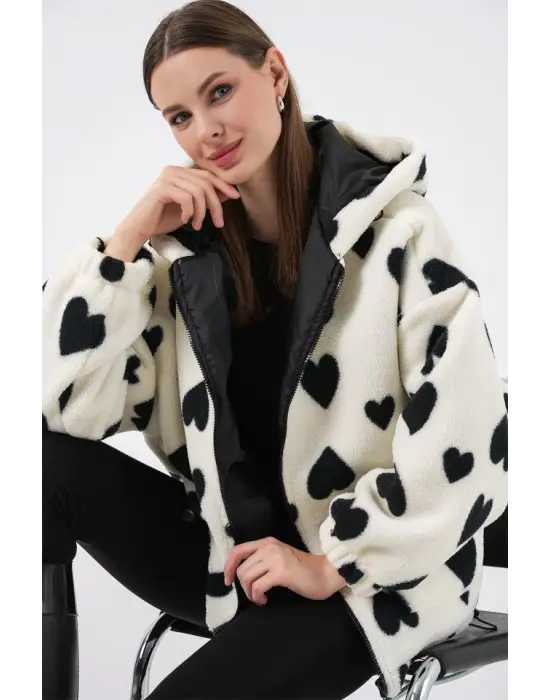 Kapüşonlu Peluş Ceket 5236 - Ekru