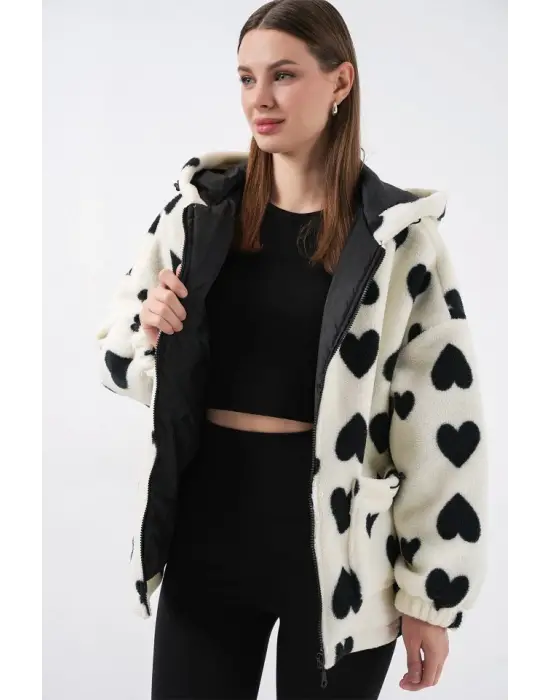 Kapüşonlu Peluş Ceket 5236 - Ekru