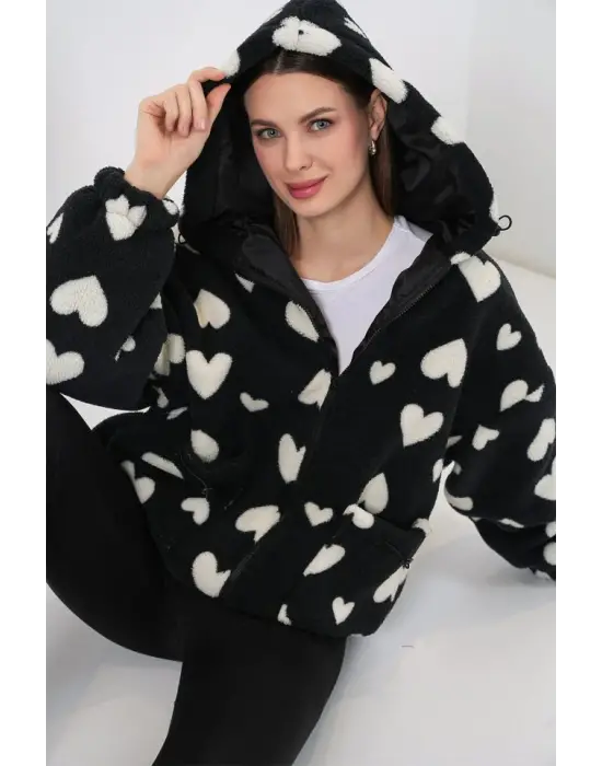Kapüşonlu Peluş Ceket 5236 - Siyah