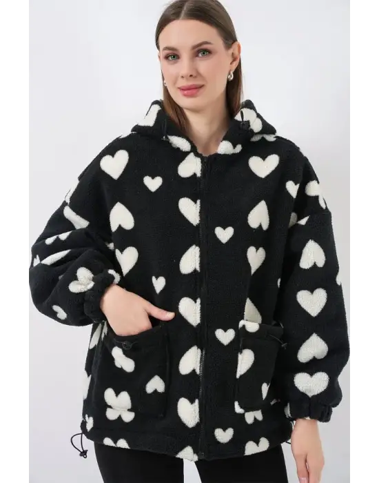 Kapüşonlu Peluş Ceket 5236 - Siyah