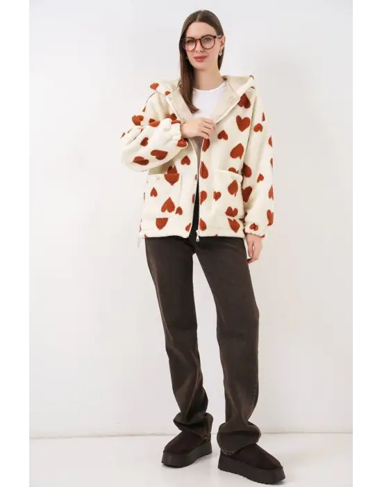 Şık Kapüşonlu Peluş Ceket - Taba