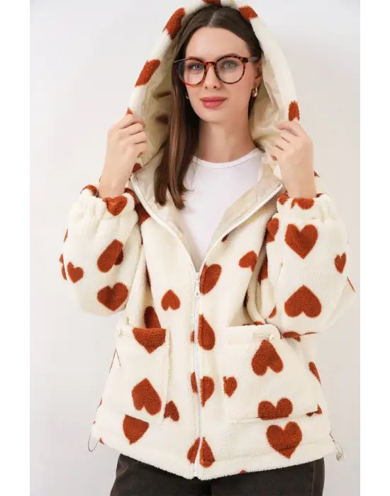 Kapüşonlu Peluş Ceket 5236 - Taba