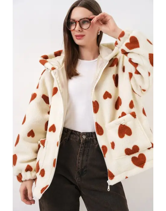 Kapüşonlu Peluş Ceket 5236 - Taba