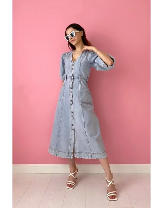 Kar Yıkama Balon Kol Kot Elbise