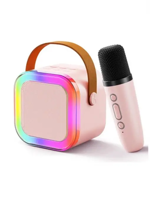 Karaoke Kablosuz Hoparlör Mikrofonlu Rgb Işıklı Bluetooth Speaker Tf Kart/usb Pembe