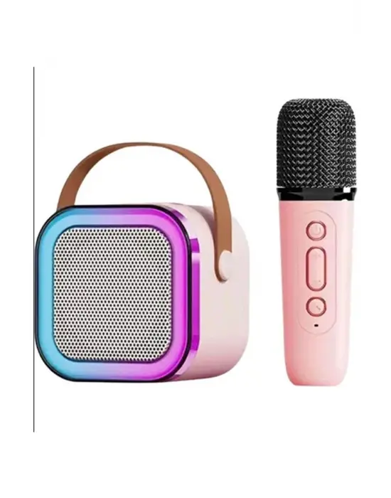 Karaoke Kablosuz Hoparlör Mikrofonlu Rgb Işıklı Bluetooth Speaker Tf Kart/usb Pembe