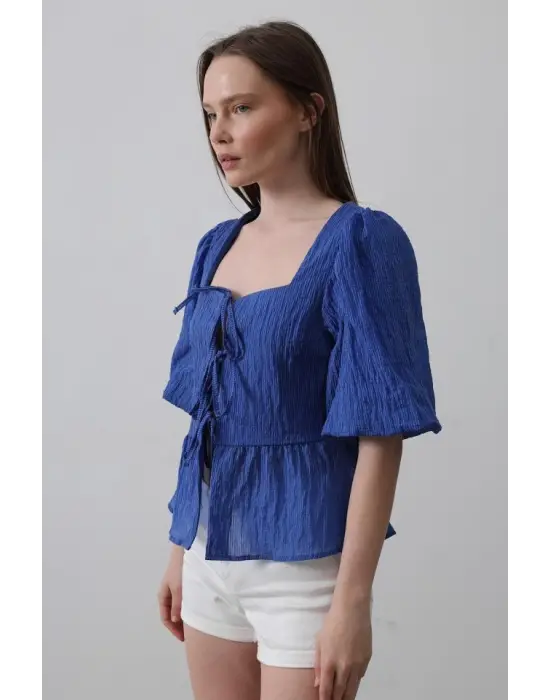 Kare Yaka Balon Kol Bluz - Mavi
