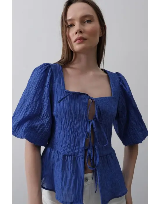 Kare Yaka Balon Kol Bluz - Mavi