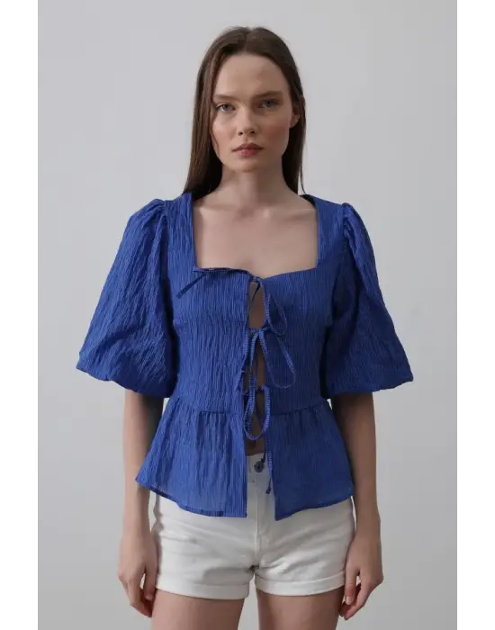 Omarı Mavi Kare Yaka Balon Kol Bluz