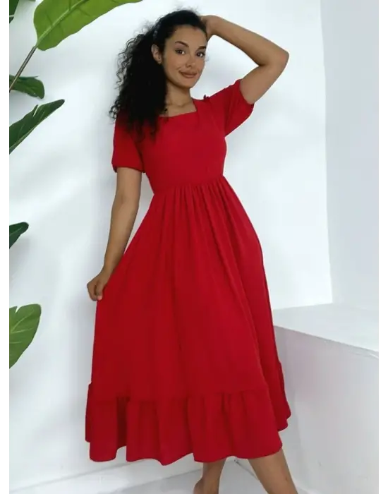 Kare Yaka Beli Lastikli Kısa Kol Ayrobin Elbise -Kırmızı