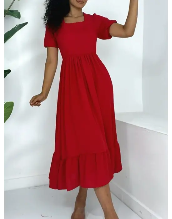 Kare Yaka Beli Lastikli Kısa Kol Ayrobin Elbise -Kırmızı