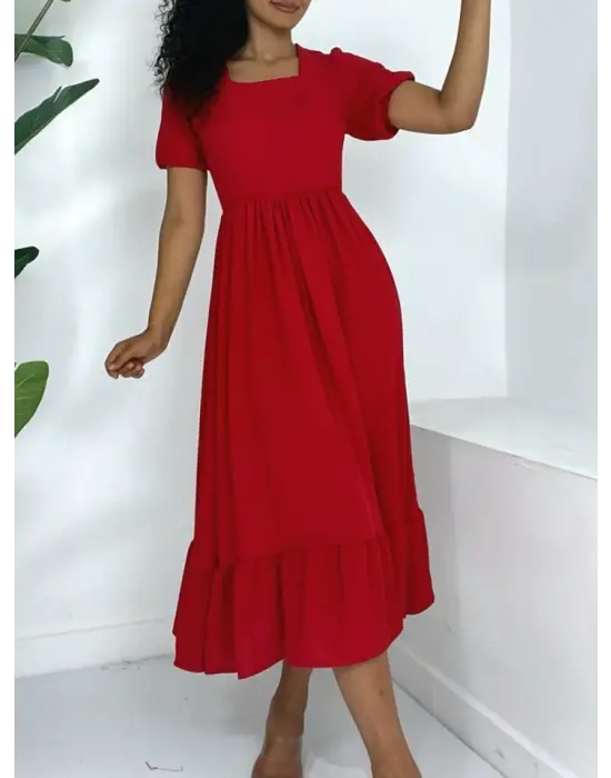 Omarı Kırmızı Kare Yaka Elbise