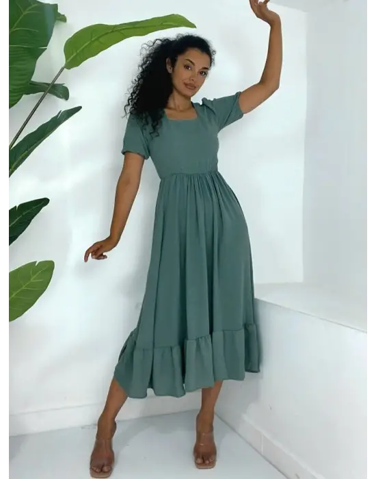 Kare Yaka Beli Lastikli Kısa Kol Ayrobin Elbise -Mint