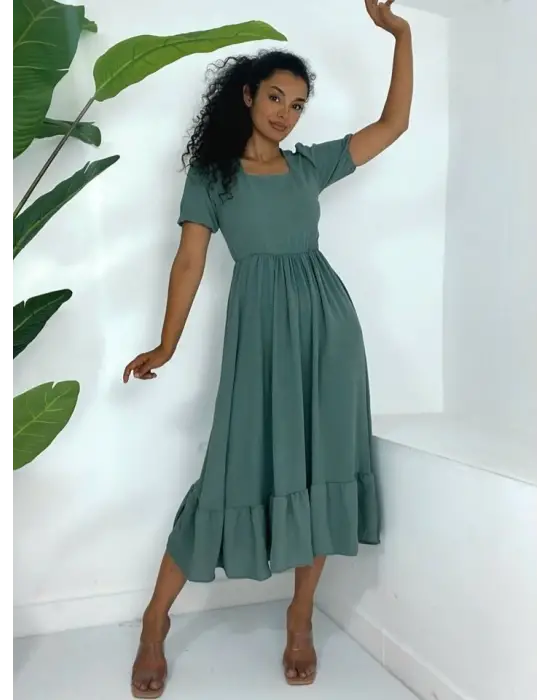 Omarı Mint Renkli Kısa Kollu Elbise