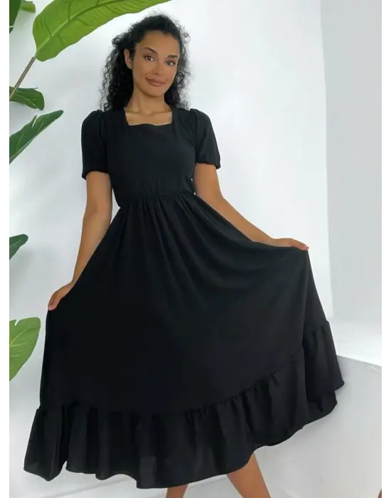 Omarı Siyah Kare Yaka Kısa Kol Elbise