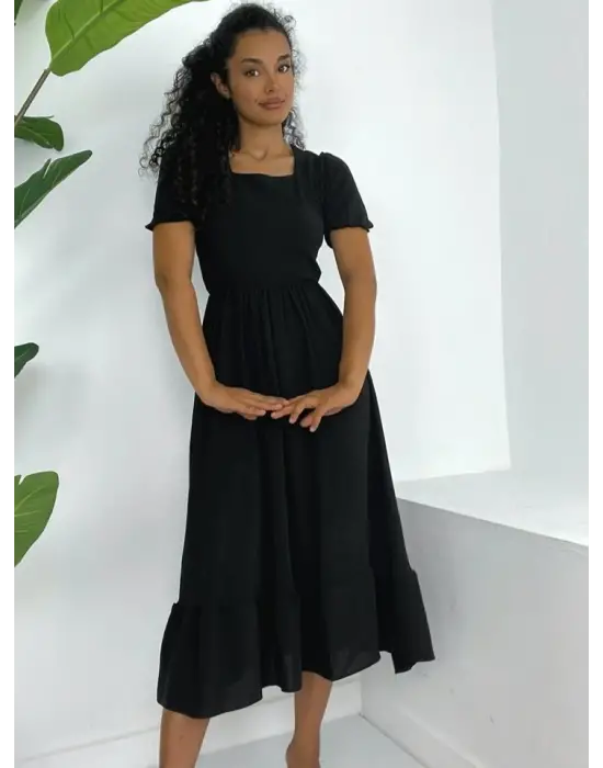 Kare Yaka Beli Lastikli Kısa Kol Ayrobin Elbise -Siyah