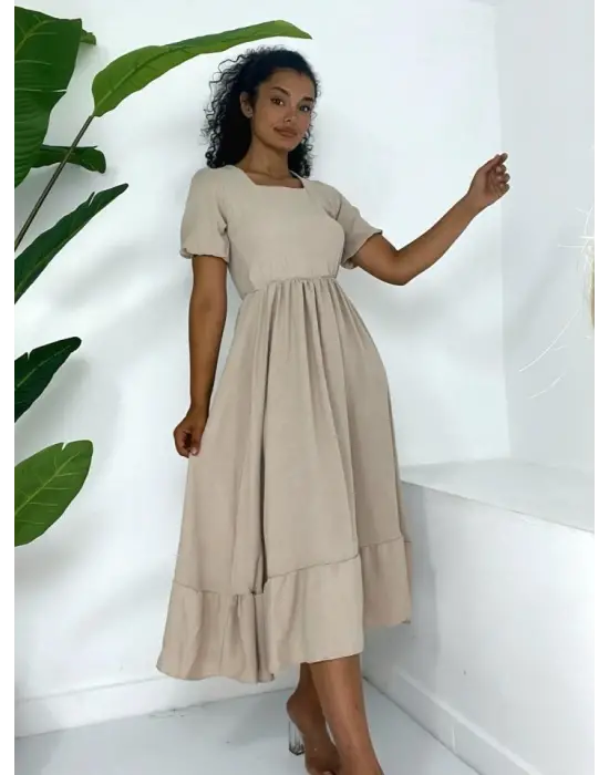 Kare Yaka Beli Lastikli Kısa Kol Ayrobin Elbise -Vizon