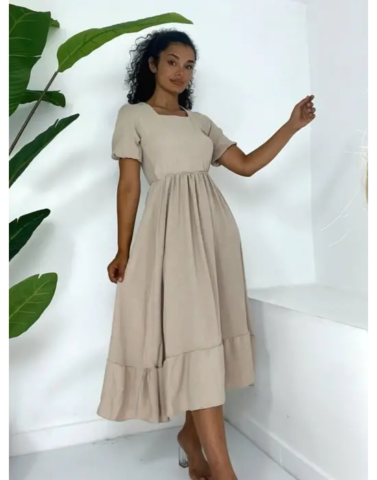 Omarı Vizon Rengi Kare Yaka Elbise