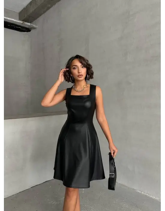 Kare yaka deri elbise siyah h24442