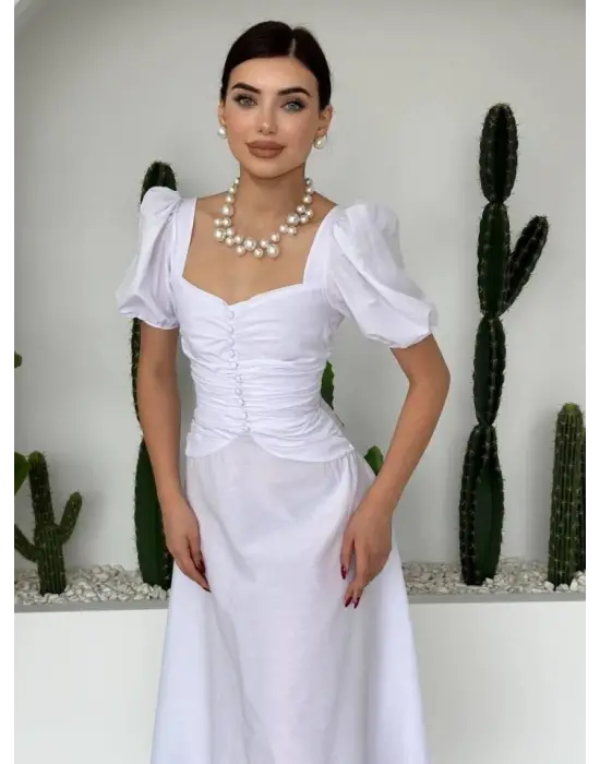 Kare Yaka Düğmeli Elbise