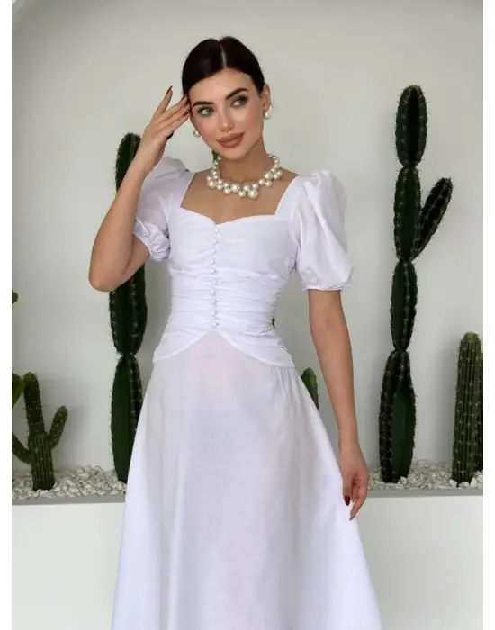 Kare Yaka Düğmeli Elbise