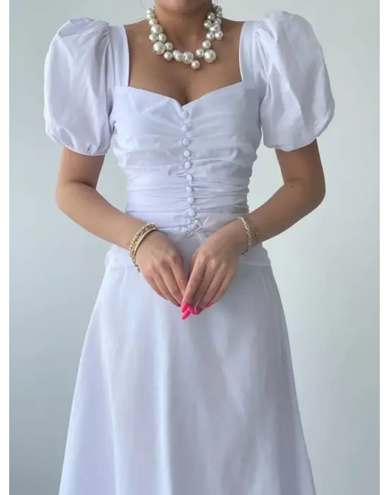 Kare Yaka Düğmeli Elbise