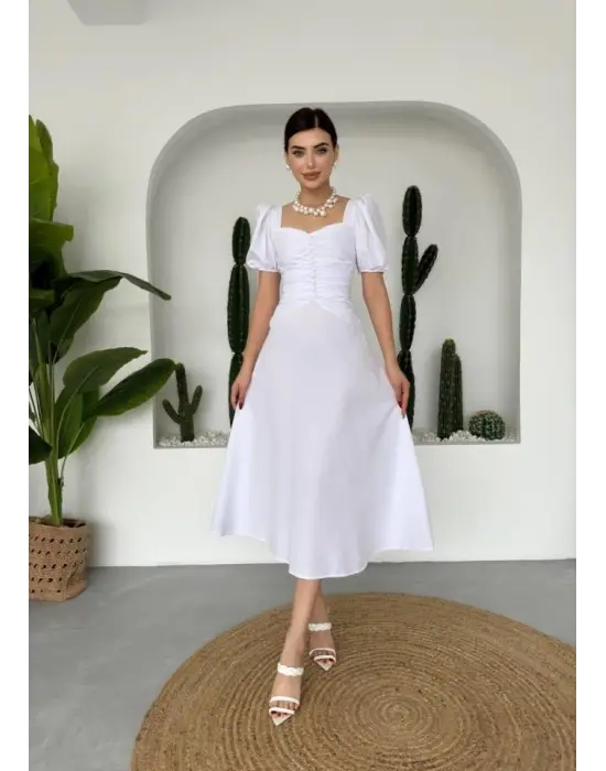 Kare Yaka Düğmeli Elbise