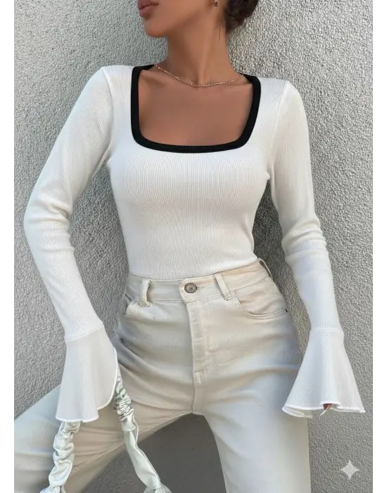 Kare yaka garni detay ispanyol kol bluz beyaz a3105