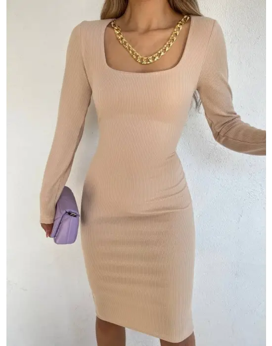 Kare Yaka Kolyeli Midi Boy Elbise -Vizon