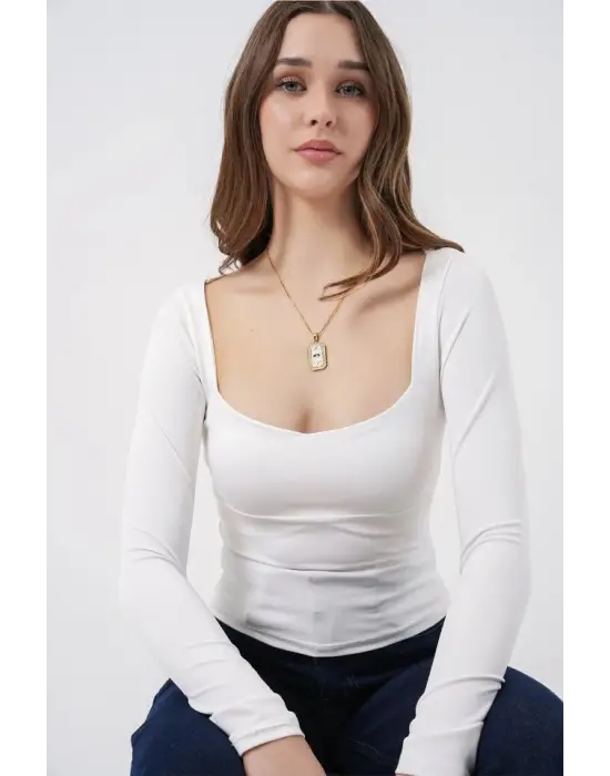 Kare Yaka Slim Fit Bluz 986 - Beyaz